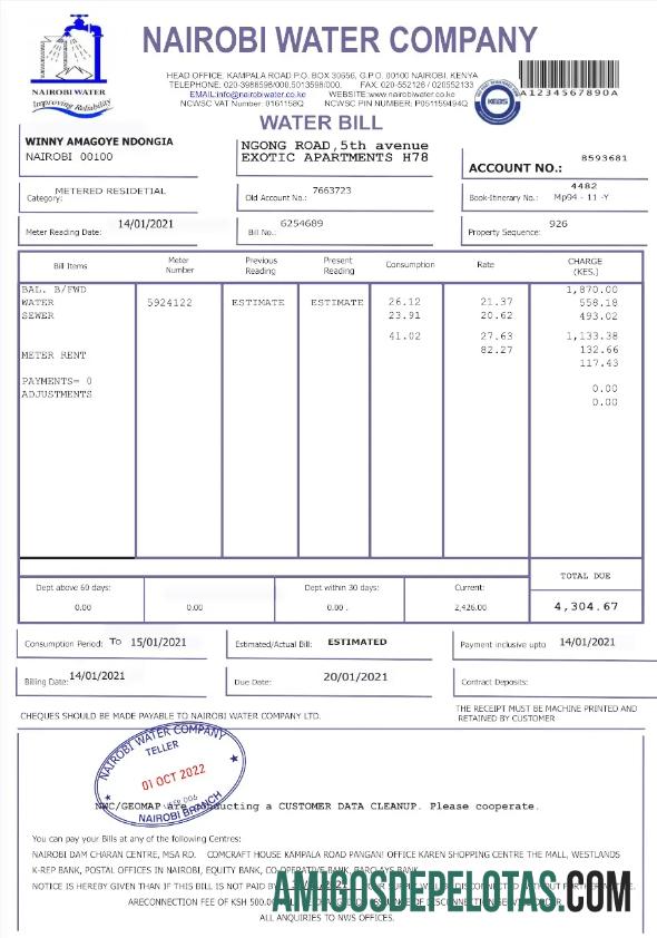 realista QUÊNIA NAIROBI WATER Conta de serviços públicos Word e modelo PDF